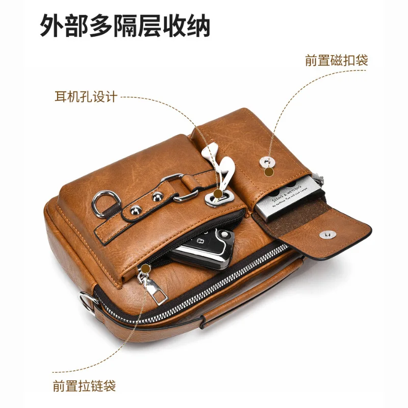 PU leather multi-functional men's crossbody bag, portable men's multi-pocket commuter hand-held shoulder bag