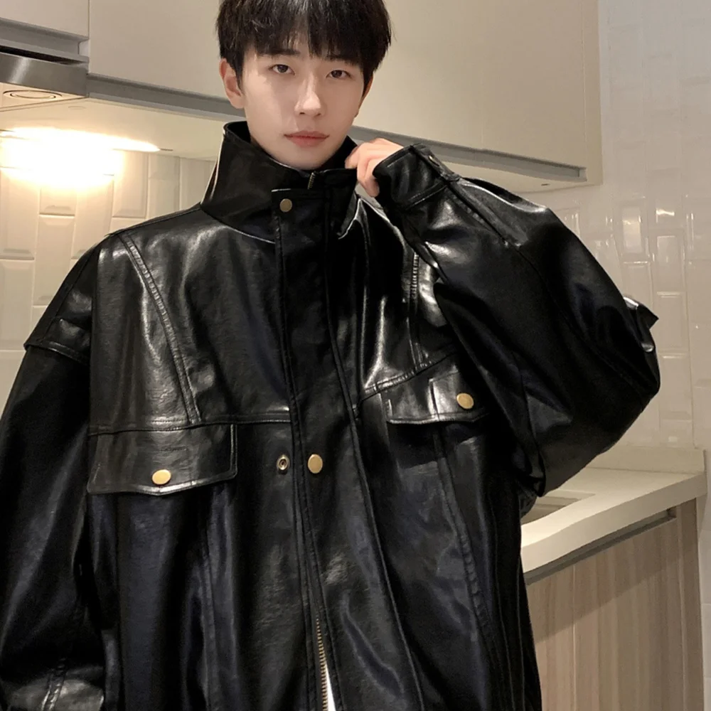 

Loose Men's PU Leather Biker Jacket American High Street Spring Autumn Trendy Brand Casual Fashion Workwear Coat