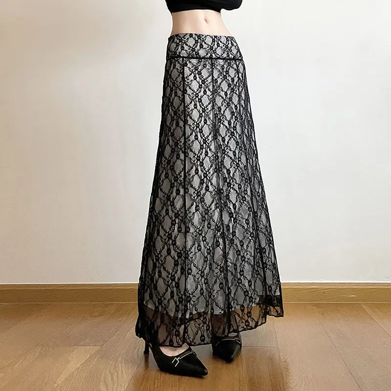 Long Skirts Lace Double Layer Black Baggy Y2k Aesthetic Straight Midi Skirts Femme Clothing Slim Hot Girl Butt-Covering Skirt