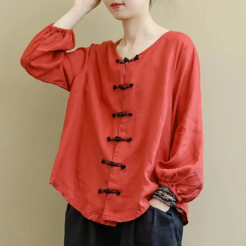 Retro Ethnic Print Linen Shirt Summer Linen  Cotton Women  Clothing  Spring And Autumn Loose Literature Chinoiserie Ladies Top