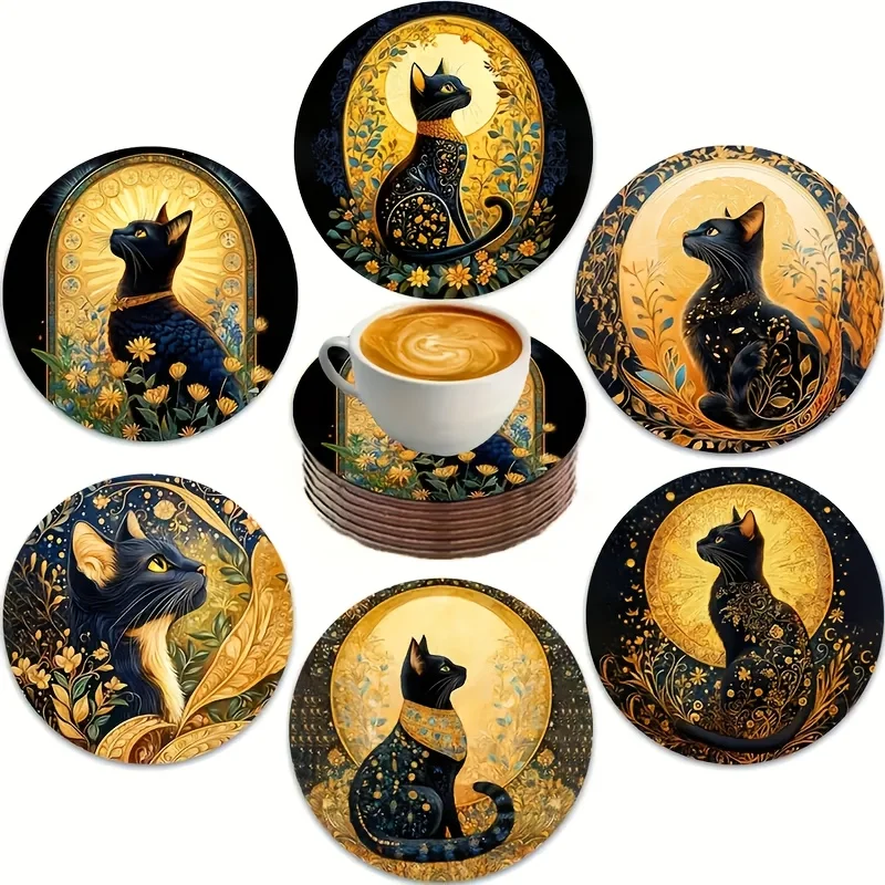 2D 6pcs Cat Pattern Wooden Coasters Hand Washable Suitable for Home Bars Offices Various Parties No Electricity Required