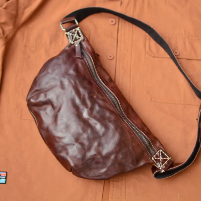 AETOO  Commuter casual cowhide top layer leather plant tanned bag Hand vintage fold zipper Hand zipper large capacity Fanny pack