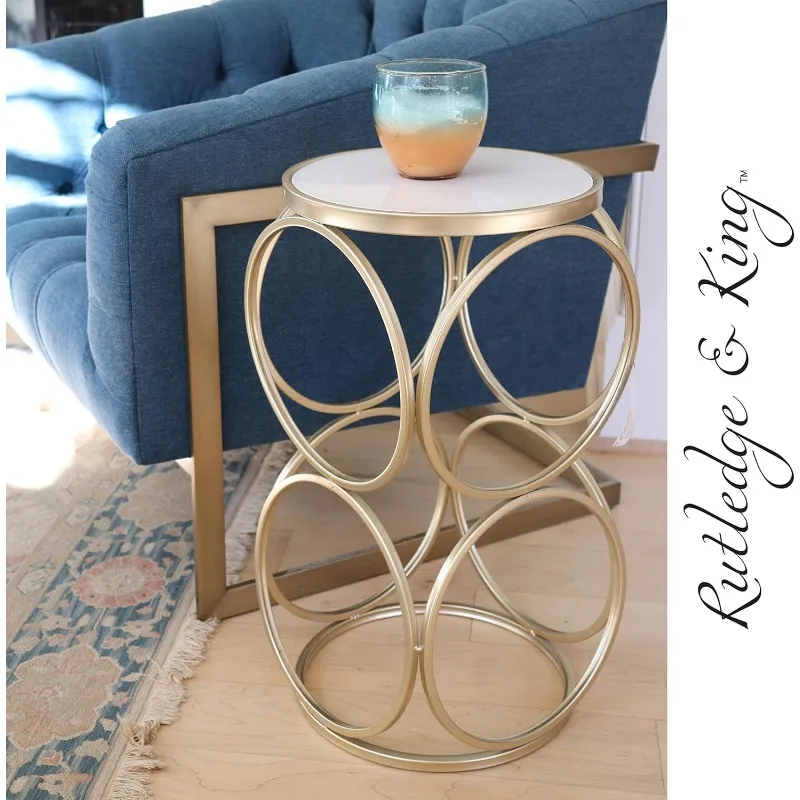 Round End Table - Gold End Table with Marble Top - Round Accent - Gold and Marble Metal Side Britton End