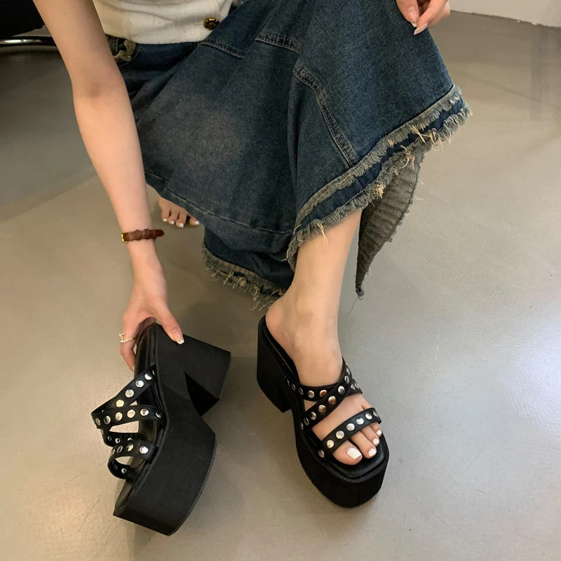 11cm Chunky Heeled Slippers Black Platform Sandals Women High Heels Summer Rivet Ladies Shoes Punk Block Sandalias Mujer