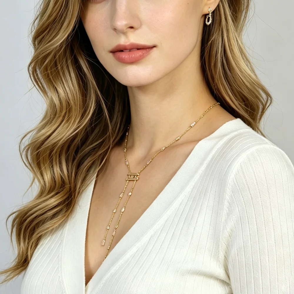Newly launched pink green zircon Y-shaped collarbone chain long chain fashionable summer sexy women's beach necklace jewelry