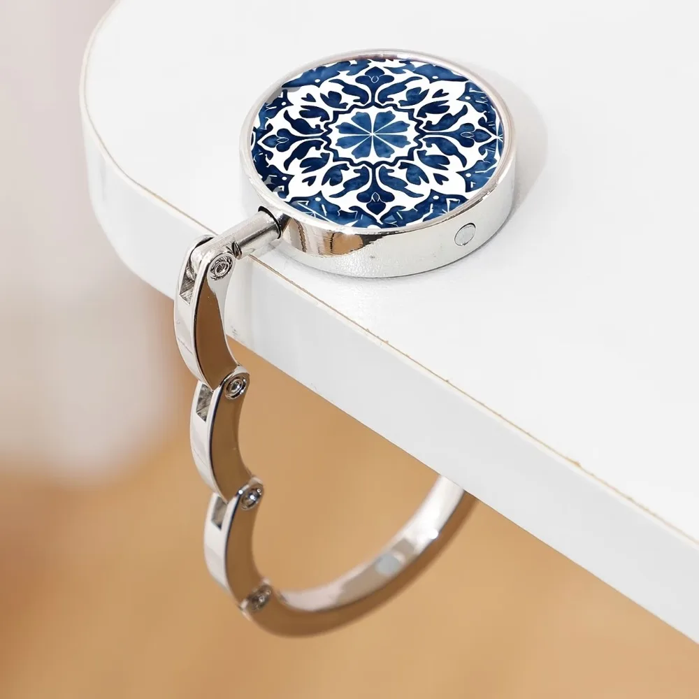 Folding Desktop Stand Hook Circular Zinc Alloy Table Edge Hook Blue and White Porcelain Design Hanging Tote Holder