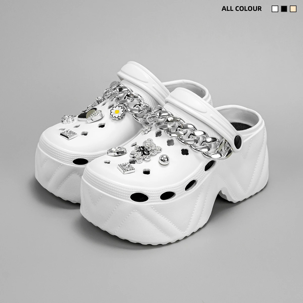 

Summer New Cartoon Heart Thick Silver Chain Bow Tie Bear Fashion Versatile Eva Clogs for Women Outdoor Casual Slippers Thick-Soled Non-Slip Height-Increasing Closed-Toe Sandals 8809