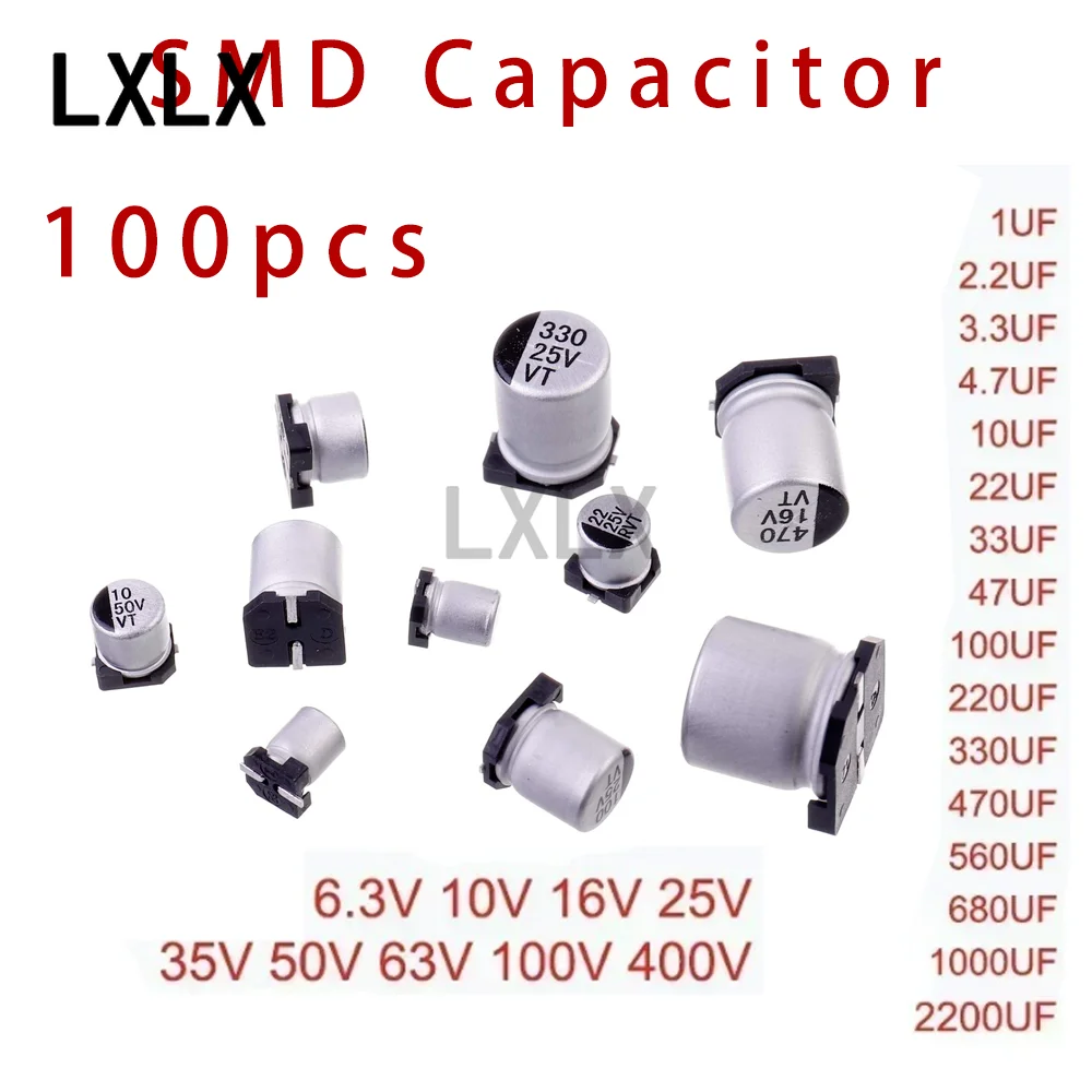 100pcs SMD Aluminum Electrolytic Capacitors 6.3V~400V (22µF~2200µF) Multi-Spec Surface Mount Capacitors 50V/100V 22UF/47UF/100UF
