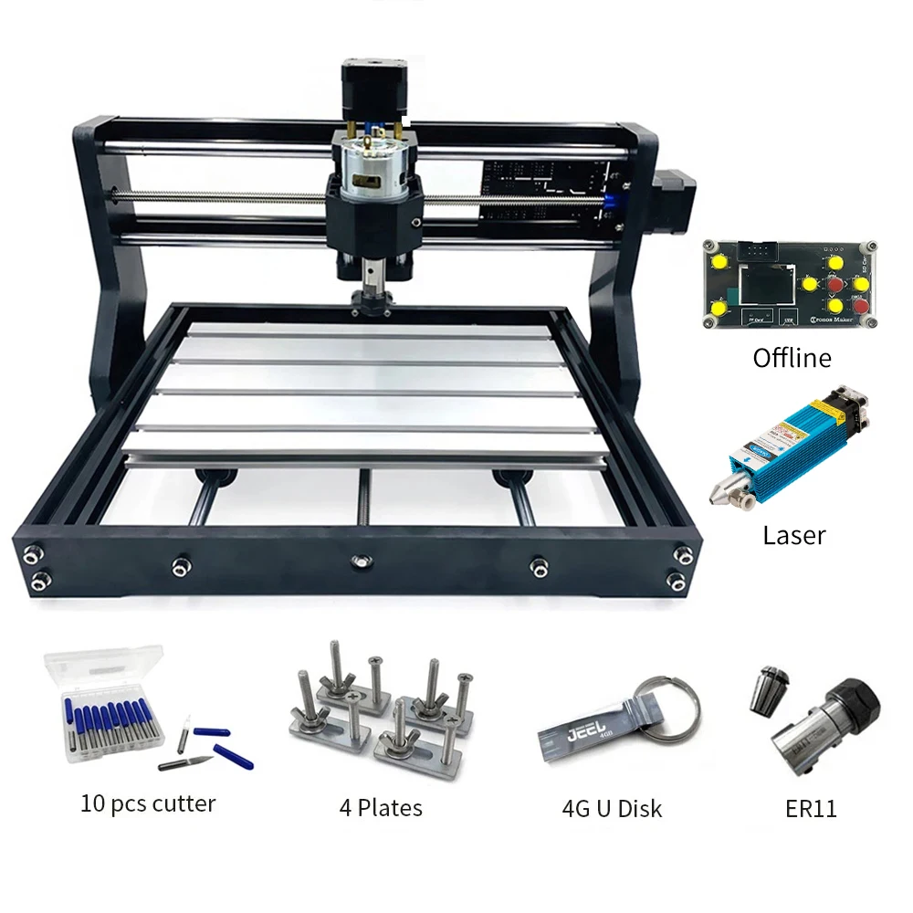 CNC 3018pro CNC Router 40W Laser Engraver Machine GRBL Offline Control ER11 for Wood PCB PVC Acrylic Leather Bamboo Metal MDF