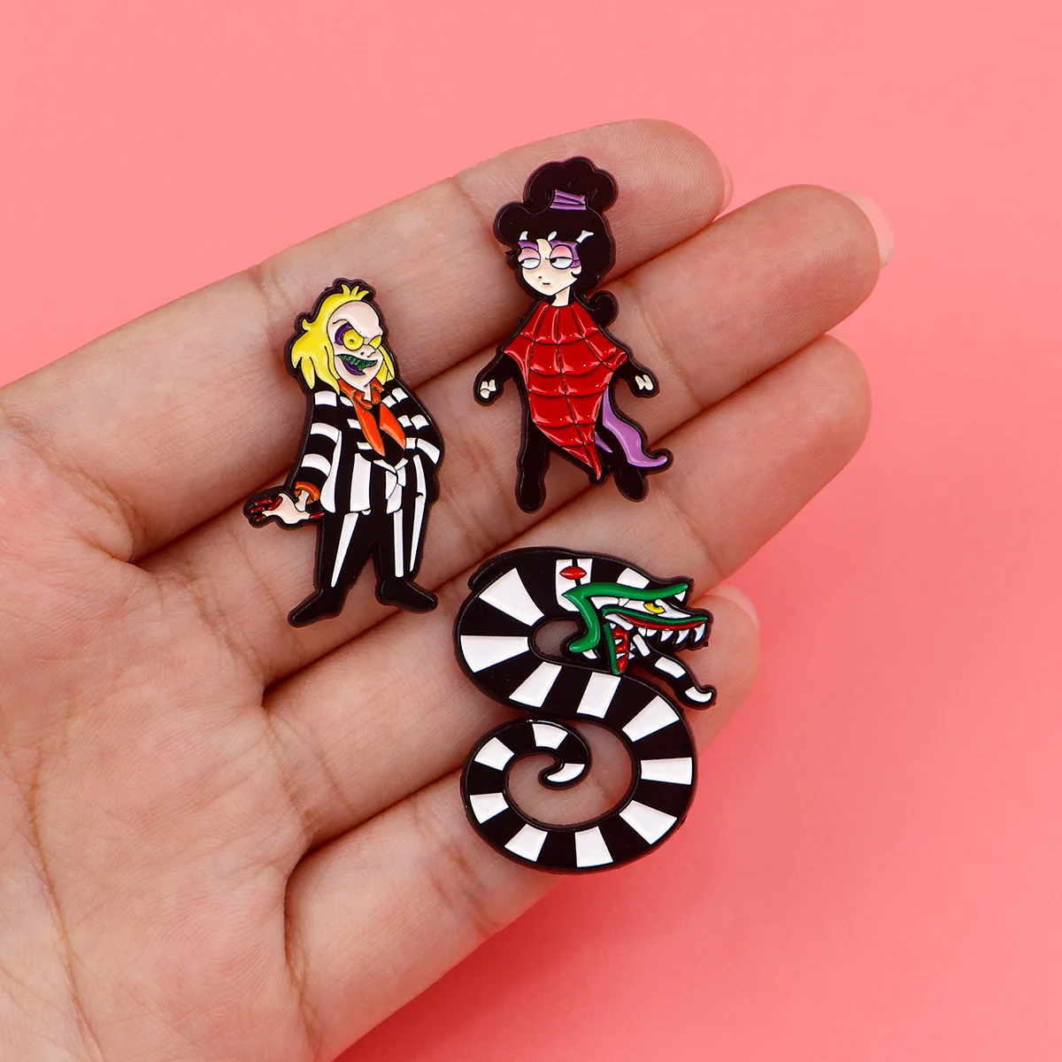 3Pcs Horror Movie Character Enamel Brooch Funny Striped Snake Metal Badge Lapel Pin Clothing Backpack Accessories Jewelry Gifts