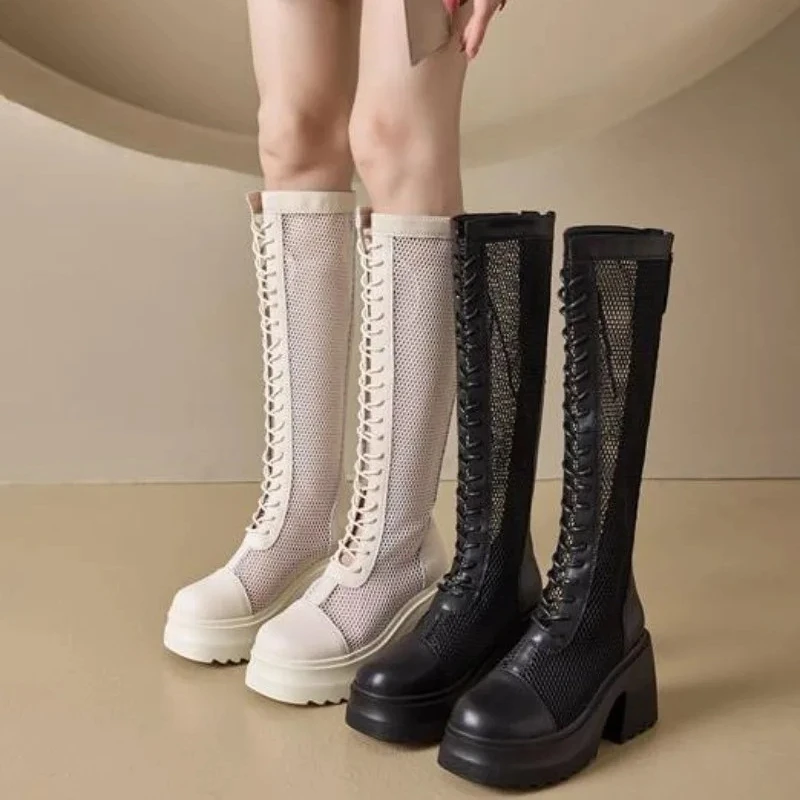 

Женские летние мотоциклетные ботинки из натуральной кожи с воздушной сеткой 10 см, модные женские ботильоны до колена на платформе и высоком каблуке с полой молнией