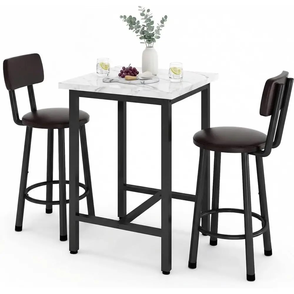 

White 24 Square Kitchen Table with 2 PU Leather Chairs, Ideal for Small Spaces and Pub Dining