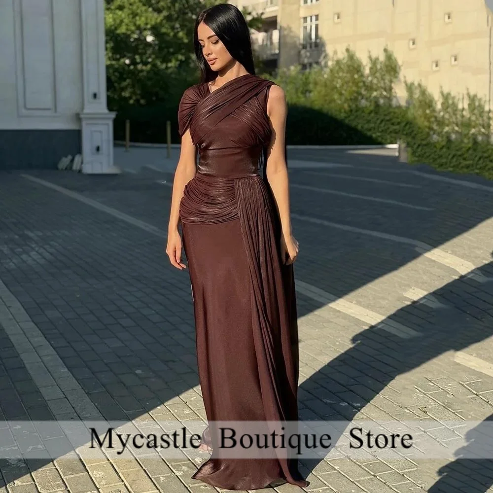 

Elegant Brown Short Sleeves Mermaid Evening Dresses Simple 2025 Pleats Wedding Party Dress Saudi Arabia Prom Dress Customized