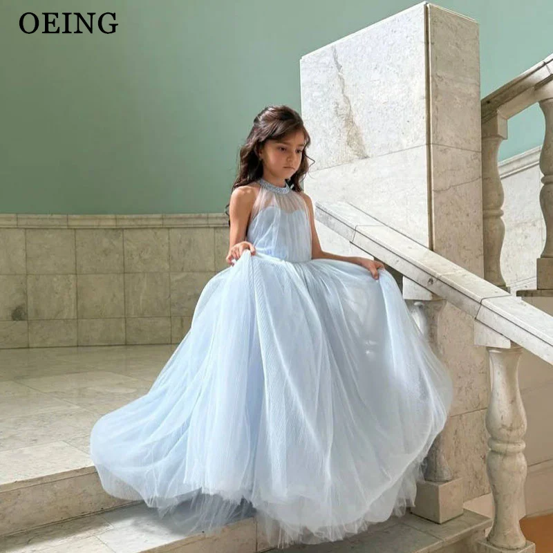 OEING Princess A-Line Flower Girl Dresses Halter Tulle Sleeveless Wedding Party Dress Maxi Girl Birthday Dress 2026 Customized