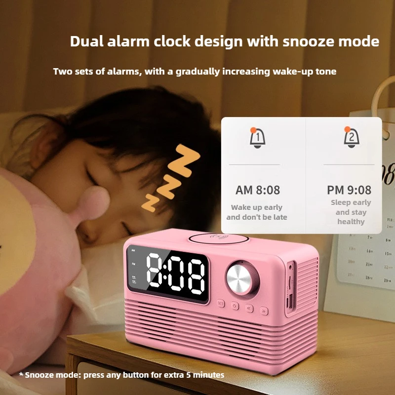 مكبر صوت بلوتوث BT509 مع شاحن لاسلكي لمكبرات صوت محطة شحن سريعة لهاتف iPhone مع راديو ساعة منبه لغرفة النوم المنزلية