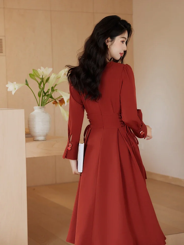 Vestido Rojo de manga larga para Mujer, traje Retro con cuello de solapa, elegante, a la moda, estilo Hepburn francés, temperamento, otoño