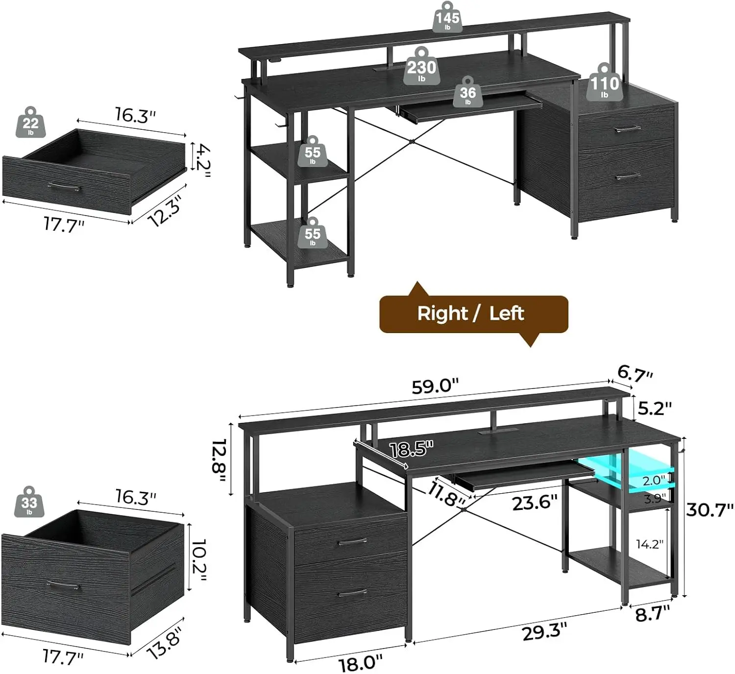 Rolanstar Computer Desk 59"" With File Drawer, Gaming Desk With Led Light & Power Outlets, Home Office Desk With File Cabinet &