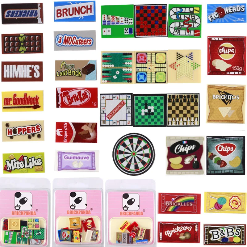 MOC Figures Printed Accessories City Building Blocks Food Dessert Chocolate Crisps Potato Chips Game Board Toys For Kids Gifts