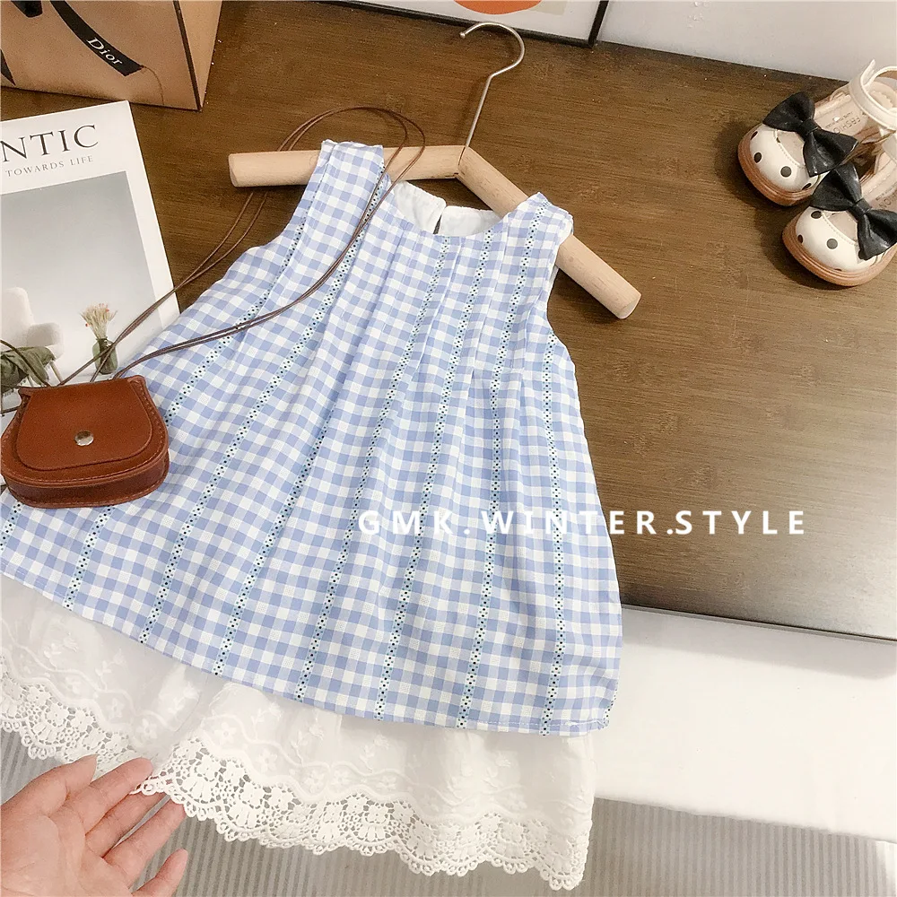 2026 Stylish Girls Dress Summer New Baby Girl Plaid Camisole Princess Dress Kids Fresh Lace Lace Skirt