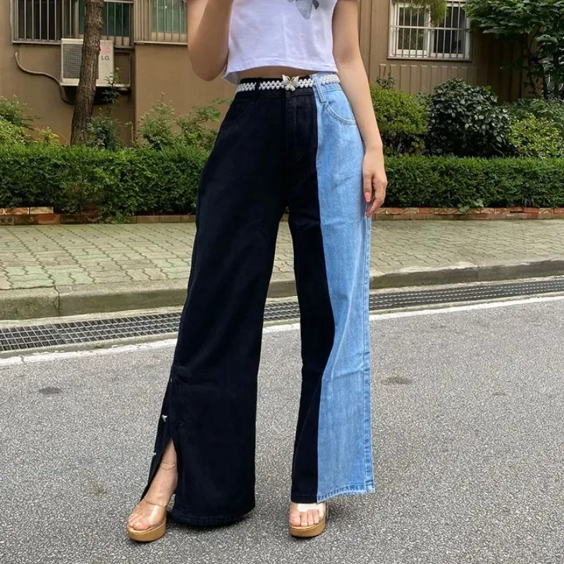 SuperAen Black and Blue Contrast Color Denim Split Wide-leg Jeans 2026 Autumn New High Waist Office Lady Long Pants