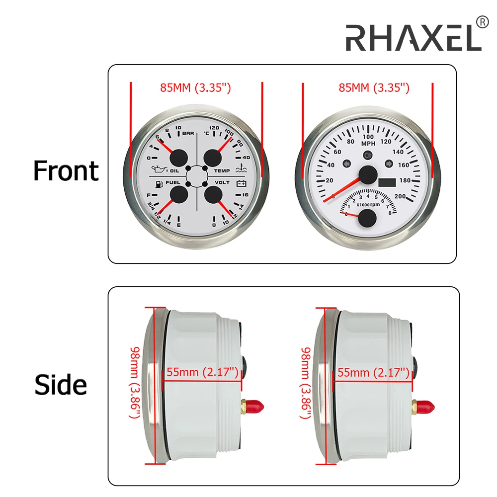 

RHAXEL 2 Gauge Set 2in1 Car Boat GPS Speedometer 200KM/H with Tachometer 4in1 Fuel Level Water Temp. Oil Pressure Voltmeter 12V