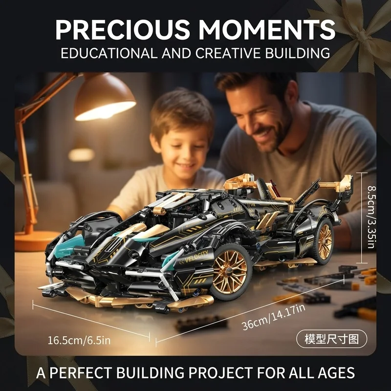 Black V12 Block Roadster RC Tech Racer 1:14DIY Roadster building block assembly Block car toy birthday gift