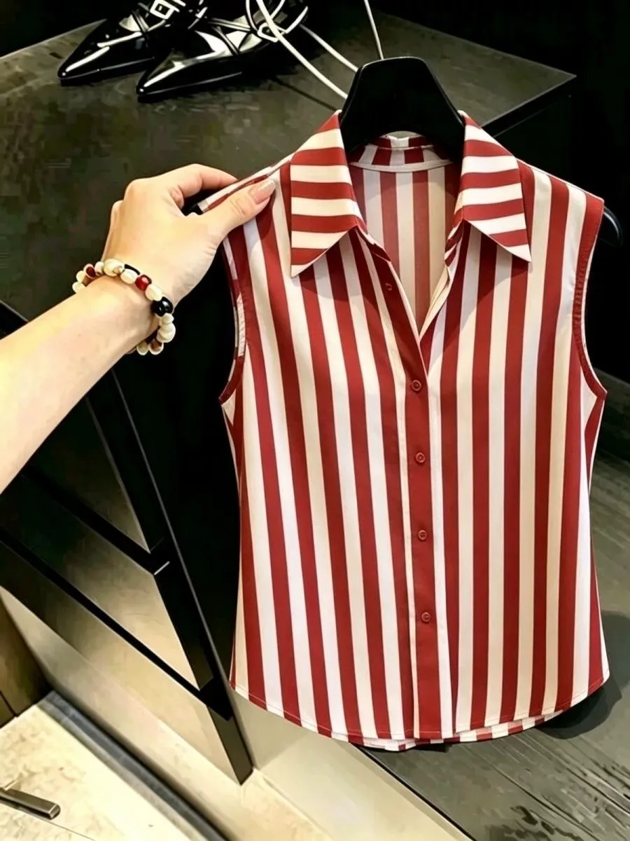 Red Striped Sleeveless Shirt Elegant Unique High-End Beautiful Design Summer New Style French Style Straight Cut Women's Blouse