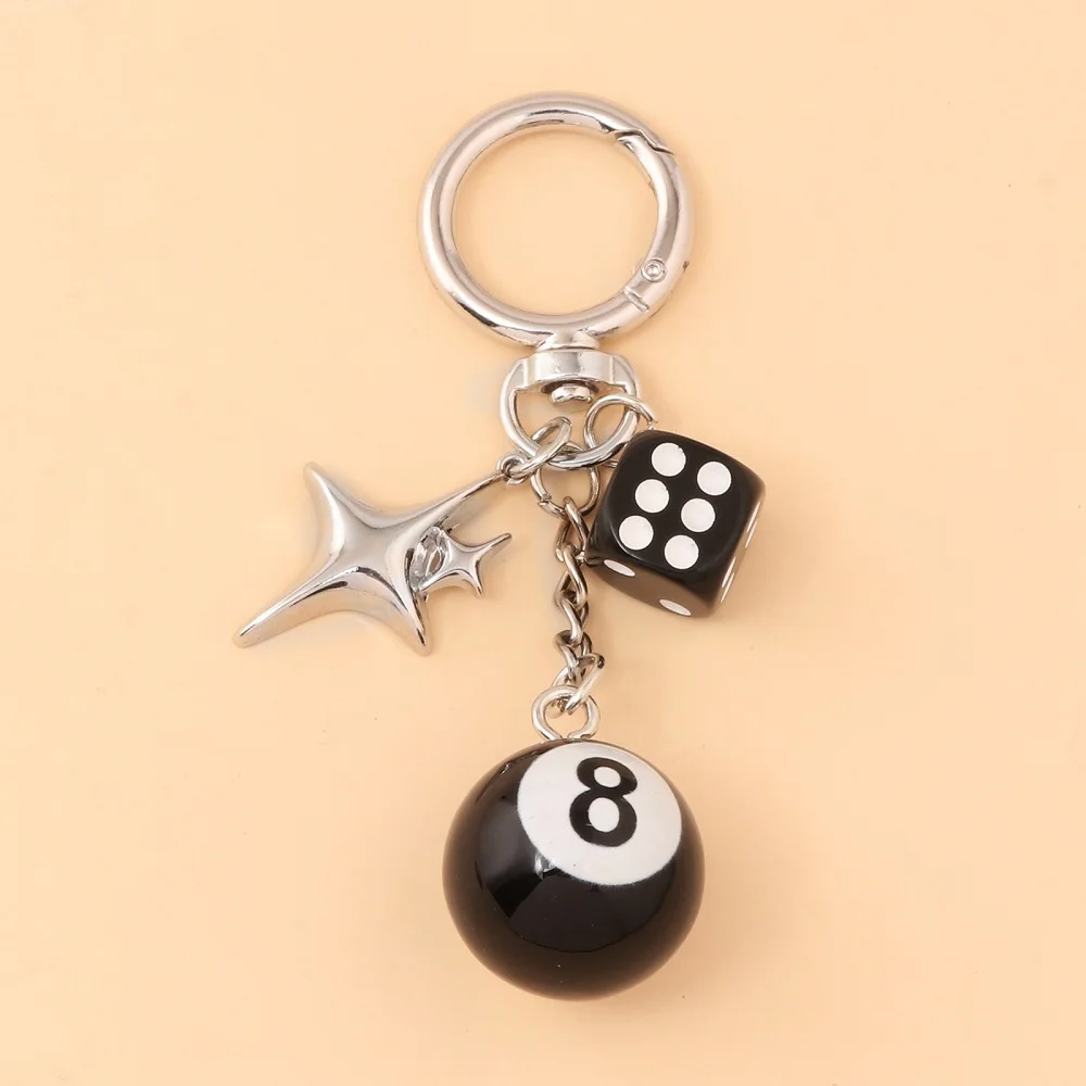 Hiphop Black Dice Billiards Keychain Y2K Lucky Dice Starburst Pendant Bag Charms Hangings Punk Cool Ornament Accessories
