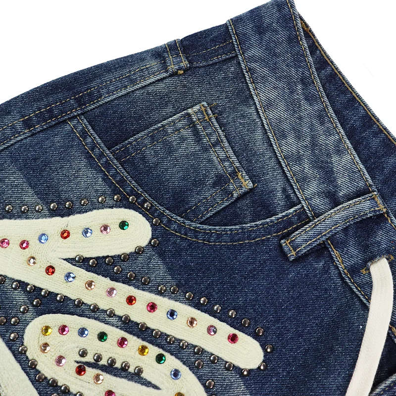 VALLEY Relaxed Fit Wide Leg Denim Pants Faded Wash Sparkling Rhinestone Letter Assorted Patch Emblem Fashion Street Bottom