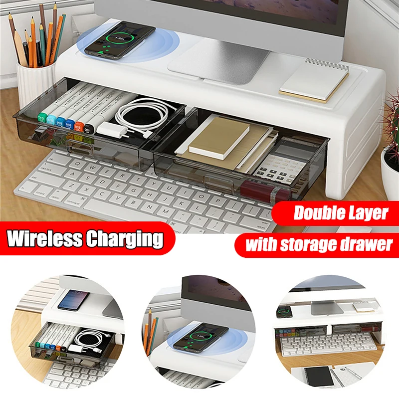 

Desktop Computer Monitor Stand Increase Rack with Wireless Charging Student Household Stationery Storage Drawer Supplies