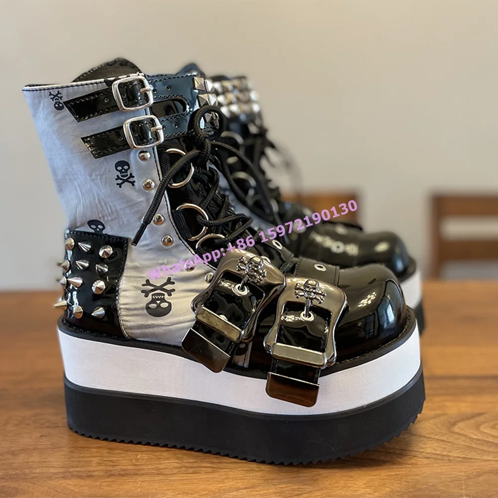 Rivet Buckle Metal Chain Boots Platform Round Toe Patent Leather Chunky Heels Punk Ankle Boots Winter Cool Girls Sexy Shoes