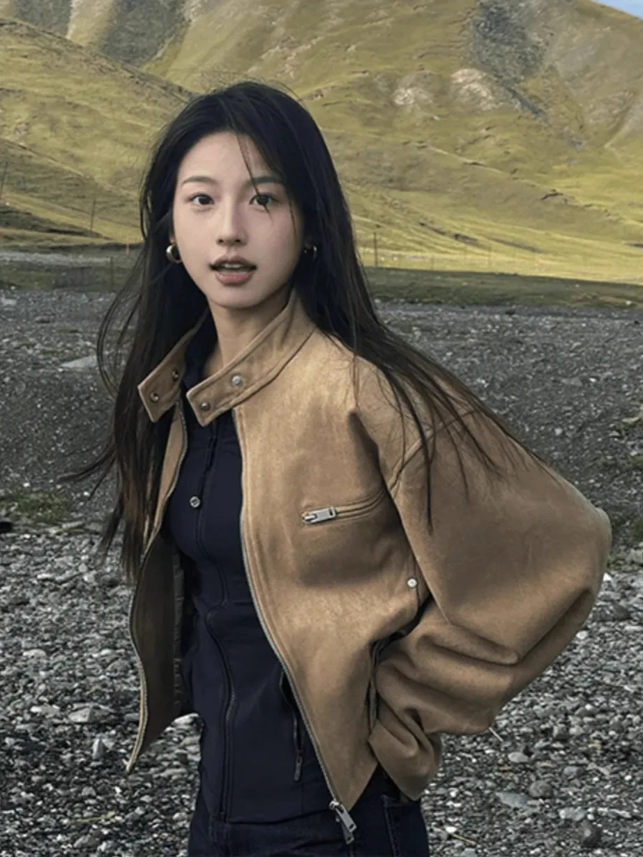 American Retro Khaki Fashionable Versatile Jacket For Women In Spring 2025 New Motorcycle Street Style Jacket Trendy Top