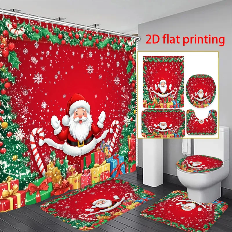 

4pcs 2D flat printing Hower Curtain Shower Curtain Set Santa Claus with Christmas gifts and candy canes. High Quality Shower