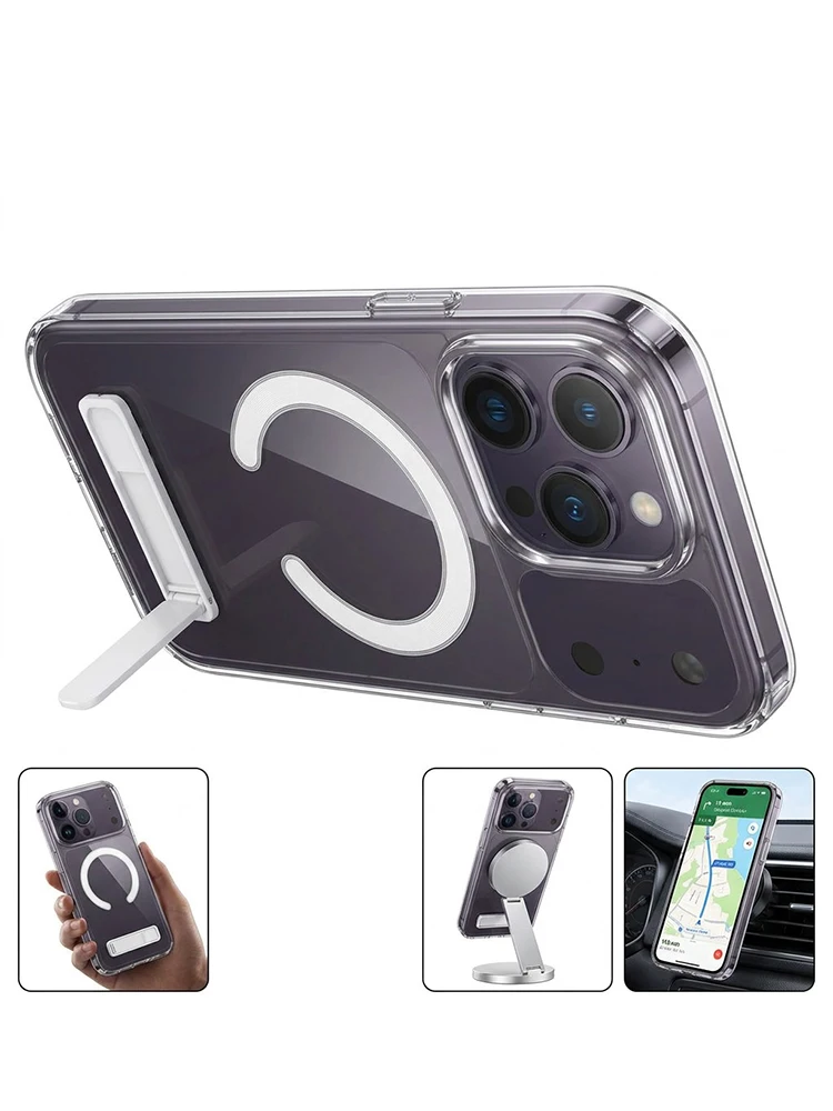 Przezroczysta magnetyczna osłona na iPhone'a 14 16 15 Pro Max 12 Mini 17 11 13 Series, antyżółkliwa, cienka obudowa ze składaną podstawką. — zdjęcie produktu 6