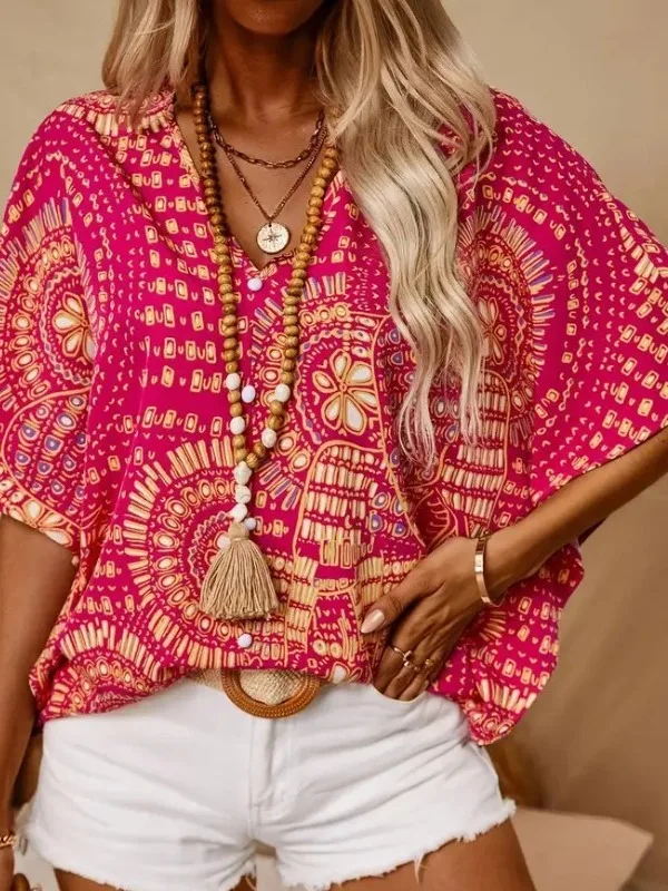 Faionable verano estampado Vintage v-ne Oversize Casual vacaciones Sle cinco cuartos Batwing Sve irt Top ropa de mujer