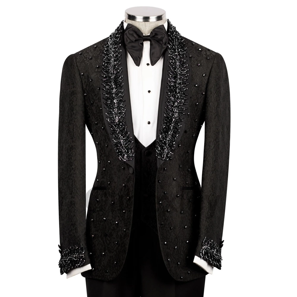 Olibexley Jewelry Beaded Suits Men For Wedding Jacket Pants 3 Pieces Man Banquet Prom Blazer Groom Tuxedo Customized S322
