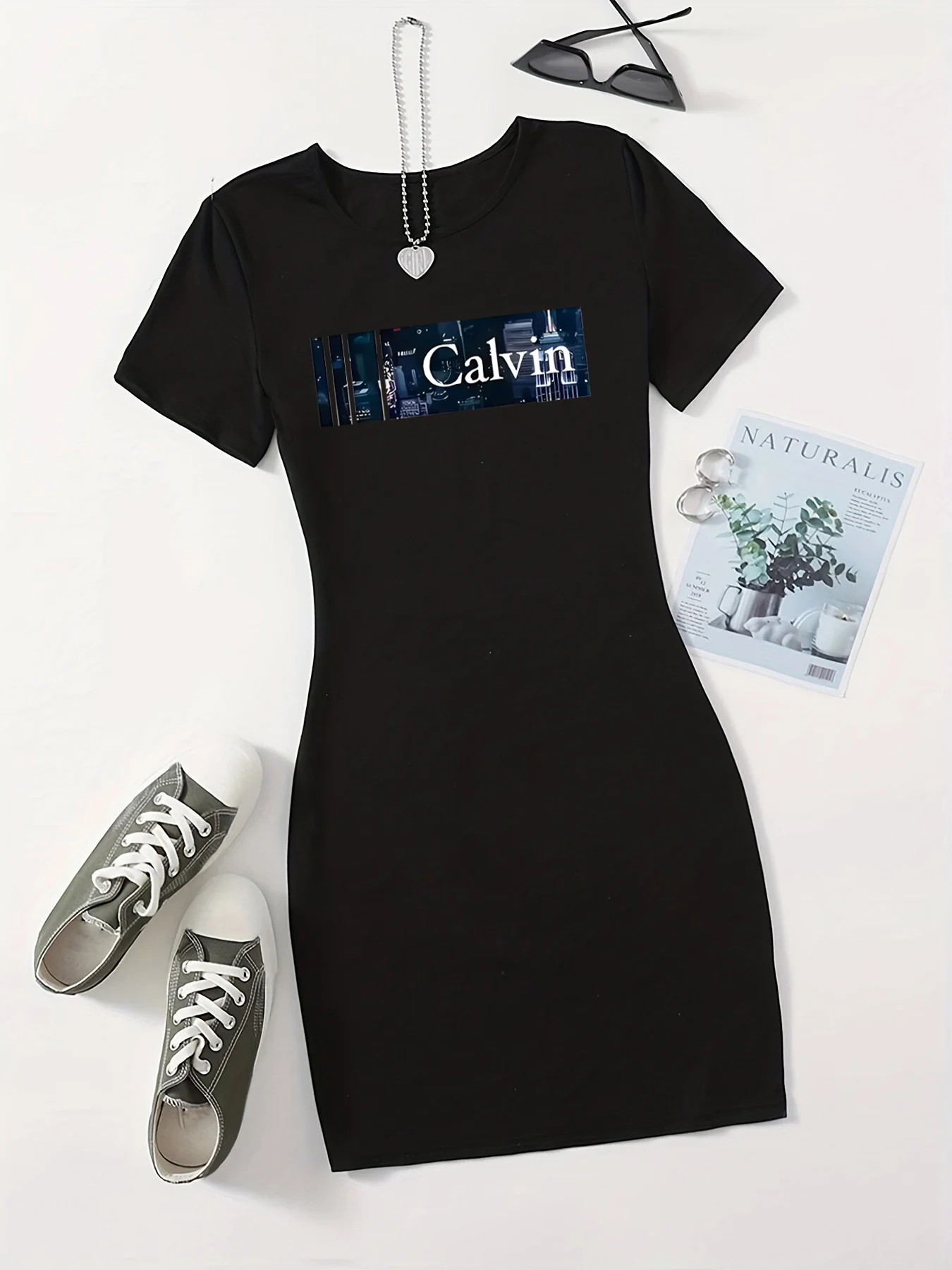 Sommer Damenmode Calvin Musterdruck lässig sexy Slim Fit eng anliegender Kurzarm Rundhals T-Shirt Minirock