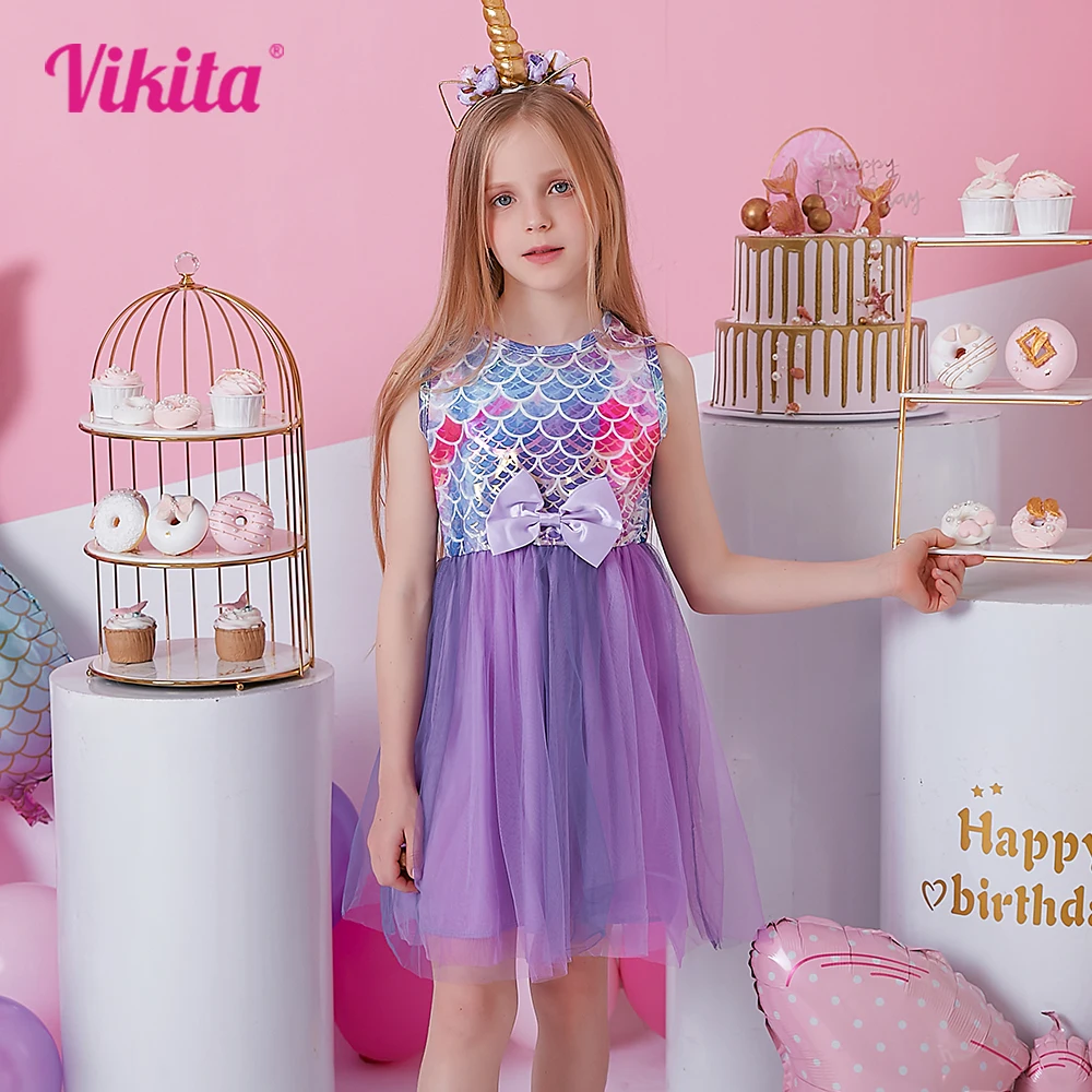 

VIKITA Children Mermaid Dress Girls Summer Clothing Kids Birthday Party Prom Elegant Tutu Dresses Toddlers Princess Costumes