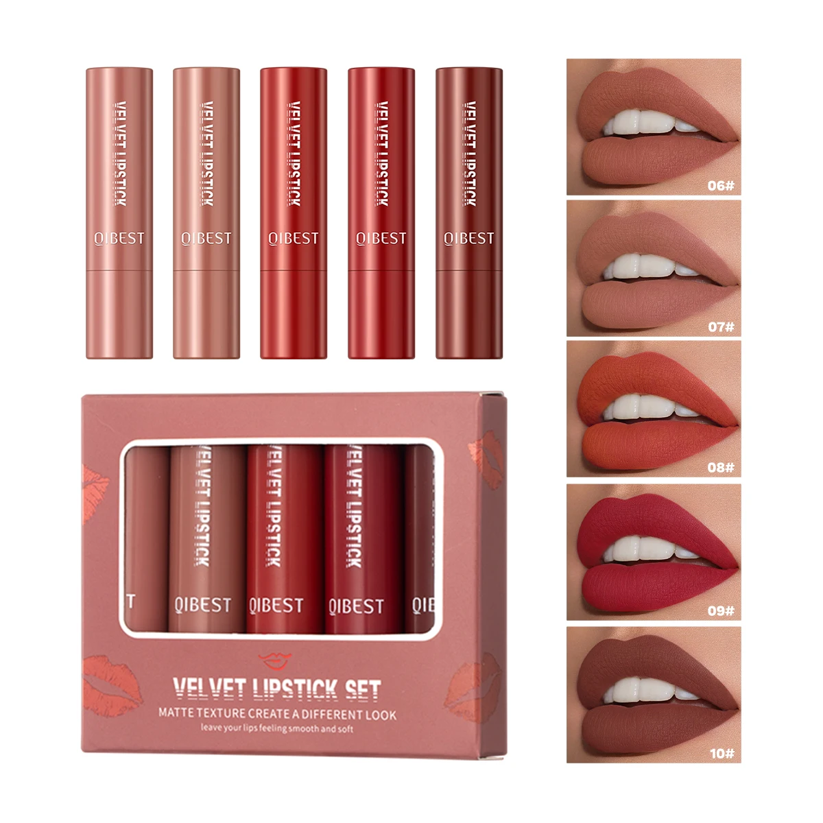 

QIBEST 5 Pcs/Set Matte Lipstick Set Non Stick Cup Lip Gloss Long-Lasting Classic Lipgloss Smudge-Free Velvet Mist Lip Makeup Kit