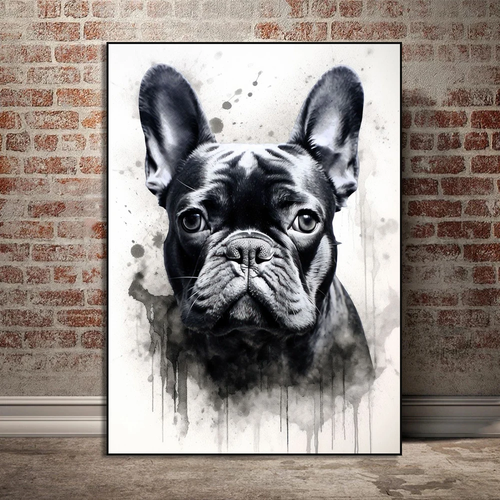 1pc  frameless Canvas Painting Watercolor Dog Portrait Siberian Husky Bulldog Poodle Dog Canvas Painting Black Ink Beagle Dog Pu