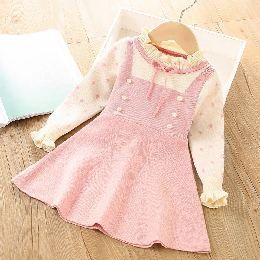 

Детское платье, свитер для девочек, новинка 2024, осенне-зимнее детское вязаное кружевное платье на пуговицах в горошек, вязаная юбка