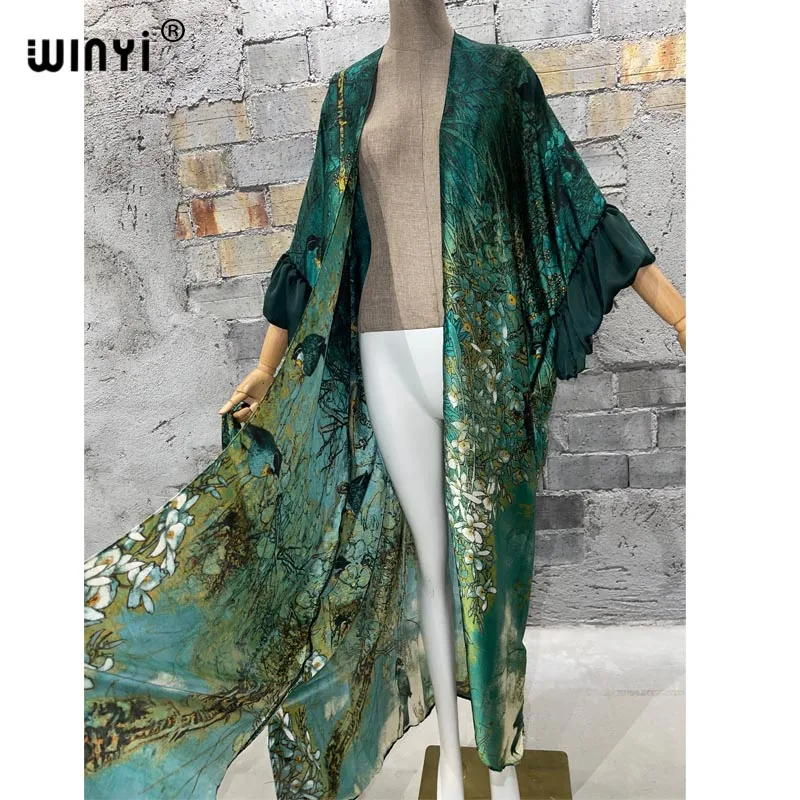 WINYI Fashion print Self Belted dress Women Elegant Summer holiday Bubble sleeve cardigan beach Wear Swim Suit cover up kimono