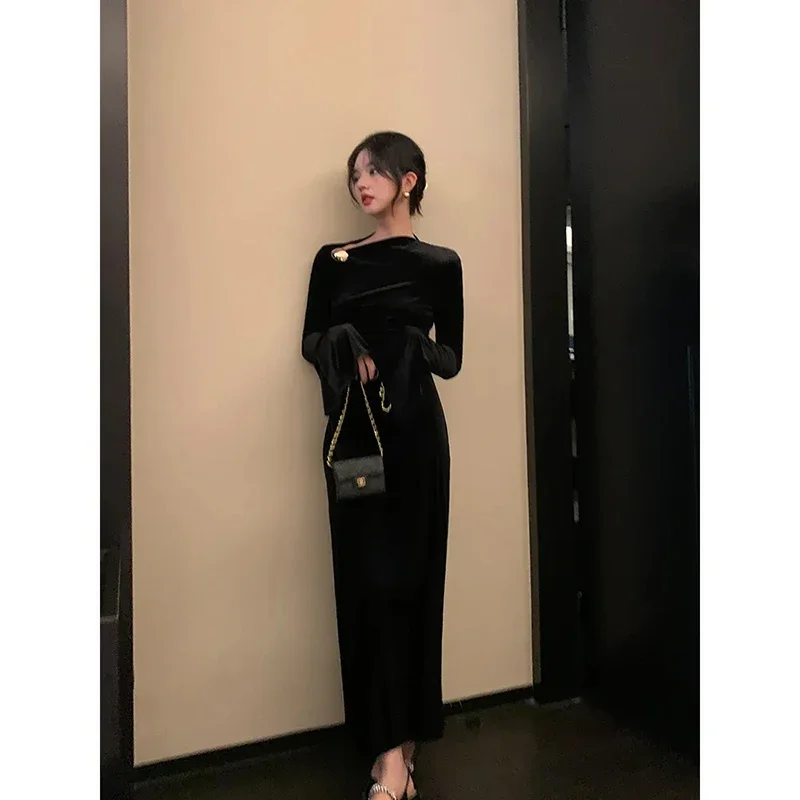 MEXZT Vintage Velvet Midi Dress Women Elegant Folds Bodycon Black Dresses Party Prom Korean Diagonal Collar Long Sleeve Vestidos