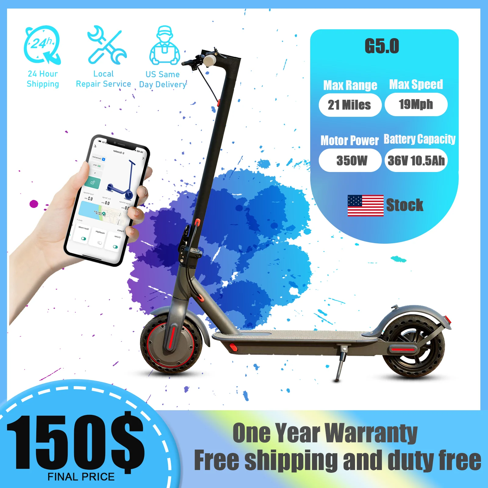 G5.0 Electric Scooter 36V 10.5AH High Capacity Battery 21Miles Long Range 19Mph 350 Motor 8.5Inch Tyres Foldable Escooter