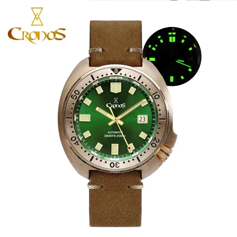 

Cronos L6006 Bronze Dive Watch 200M Water Resistant PT5000 Automatic Mechanical Sapphire Green Light Luminous Dial Leather Band