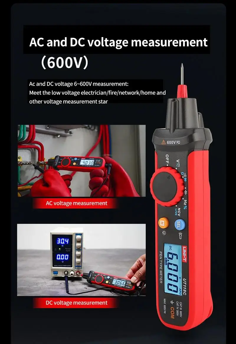 Imagem -03 - Pen tipo Multímetro Digitais 6000 Contagens Tensão ac dc Capacitância de Resistência Diodo de Freqüência ef Ncv Multi Tester Uni-t-ut118c