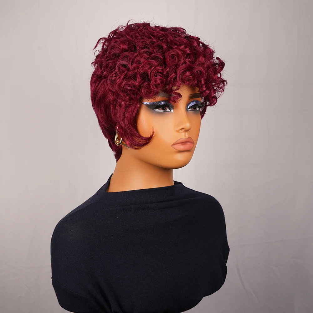 ピクシーカット巻き毛人毛女性用ショートボブ人毛ウィッグ100％ショート縮れ毛人毛フルマシンウィッグ