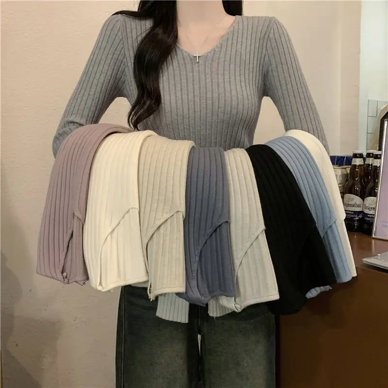 

Spring Autumn V-neck Slim Fit Winter Long Sleeve Knitted Top Thin Base Layer Women's Fashionable Trendy Soft Commute Style