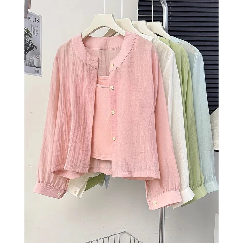 قميص نسائي أنيق بياقة مستديرة وأكمام طويلة، ملابس خارجية للحماية من الشمس، تصميم مريح، صيف 2025، أسلوب كوري عصري