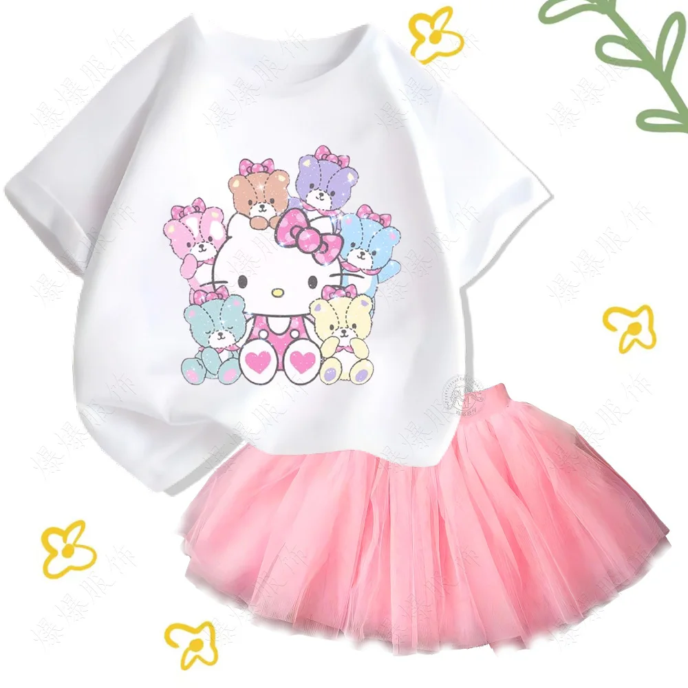 Children\'s clothing Cotton T-shirt sets cartoon print Hello kitty fashion cute tops and girls two-tone puffy tulle skirt dress